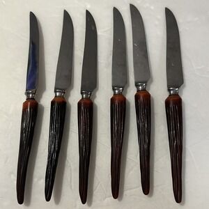 6 VTG Mid Century Sheffield England Stainless Steak Knive Faux Stag Horn Handles